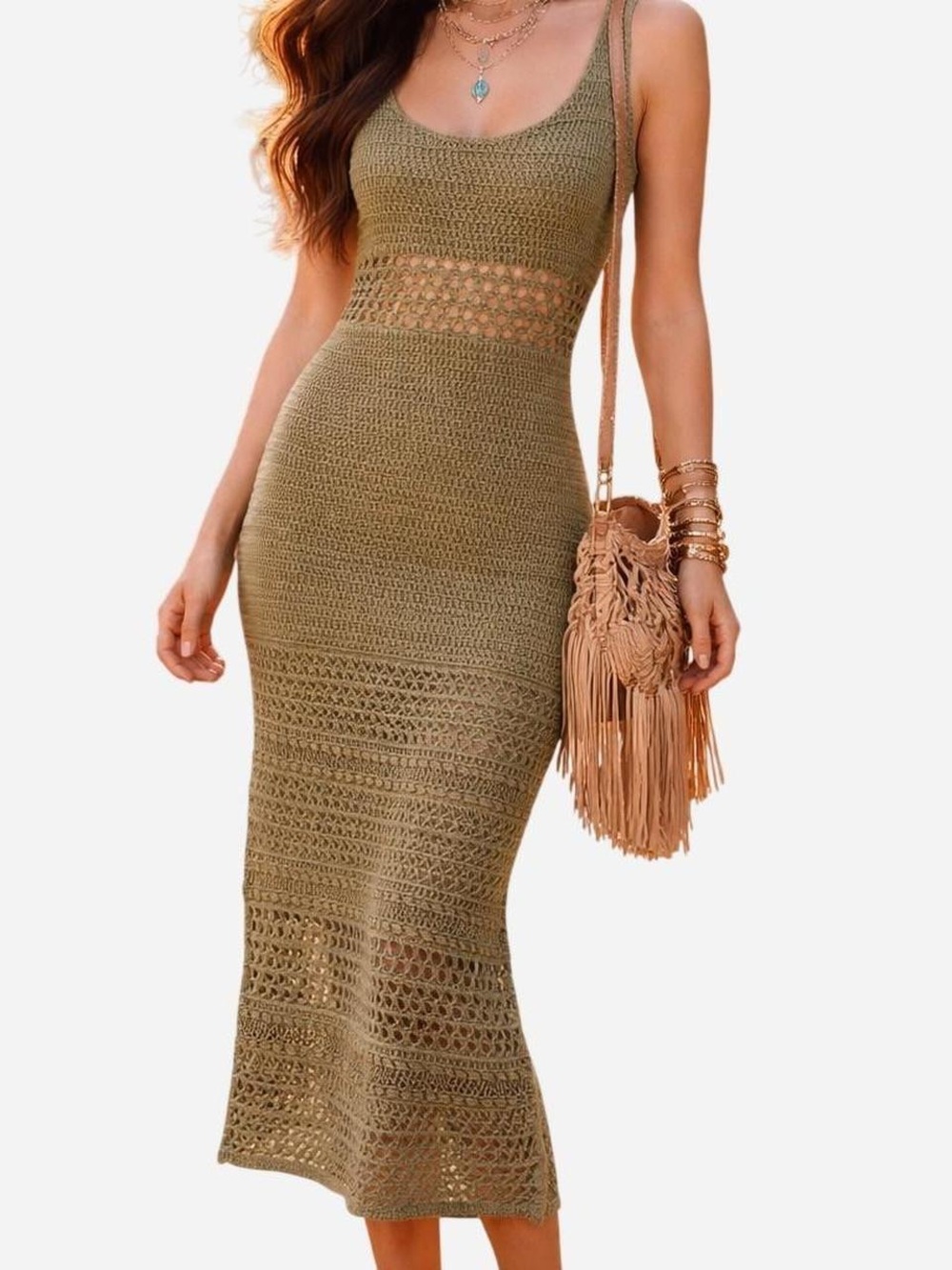 American Eagle Knit Midi crochet Tank Dress in Olive